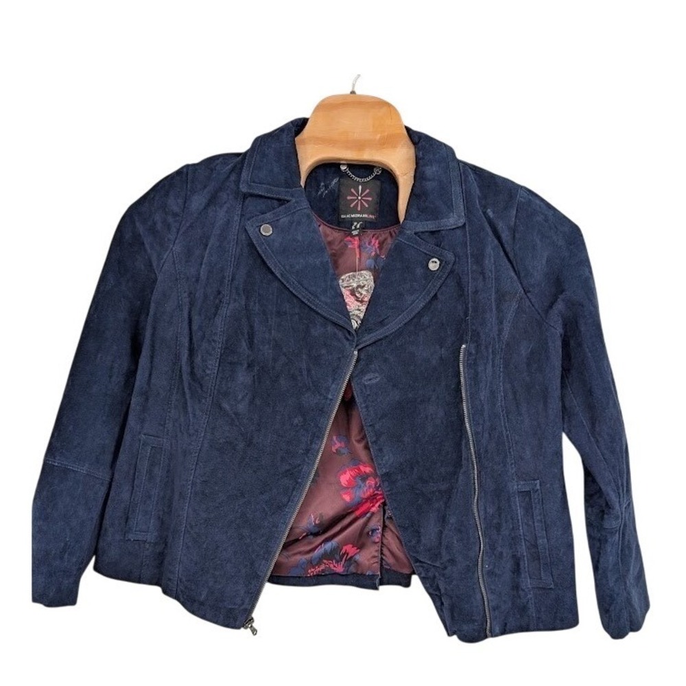 Isaac Mizrahi New Women's suede motorcycle jacket navy blue floral lining sz 16